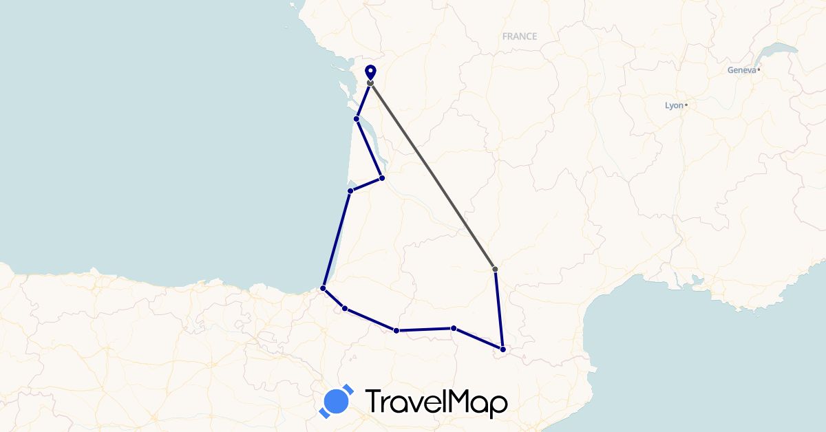 TravelMap itinerary: driving, motorbike in Andorra, Spain, France (Europe)